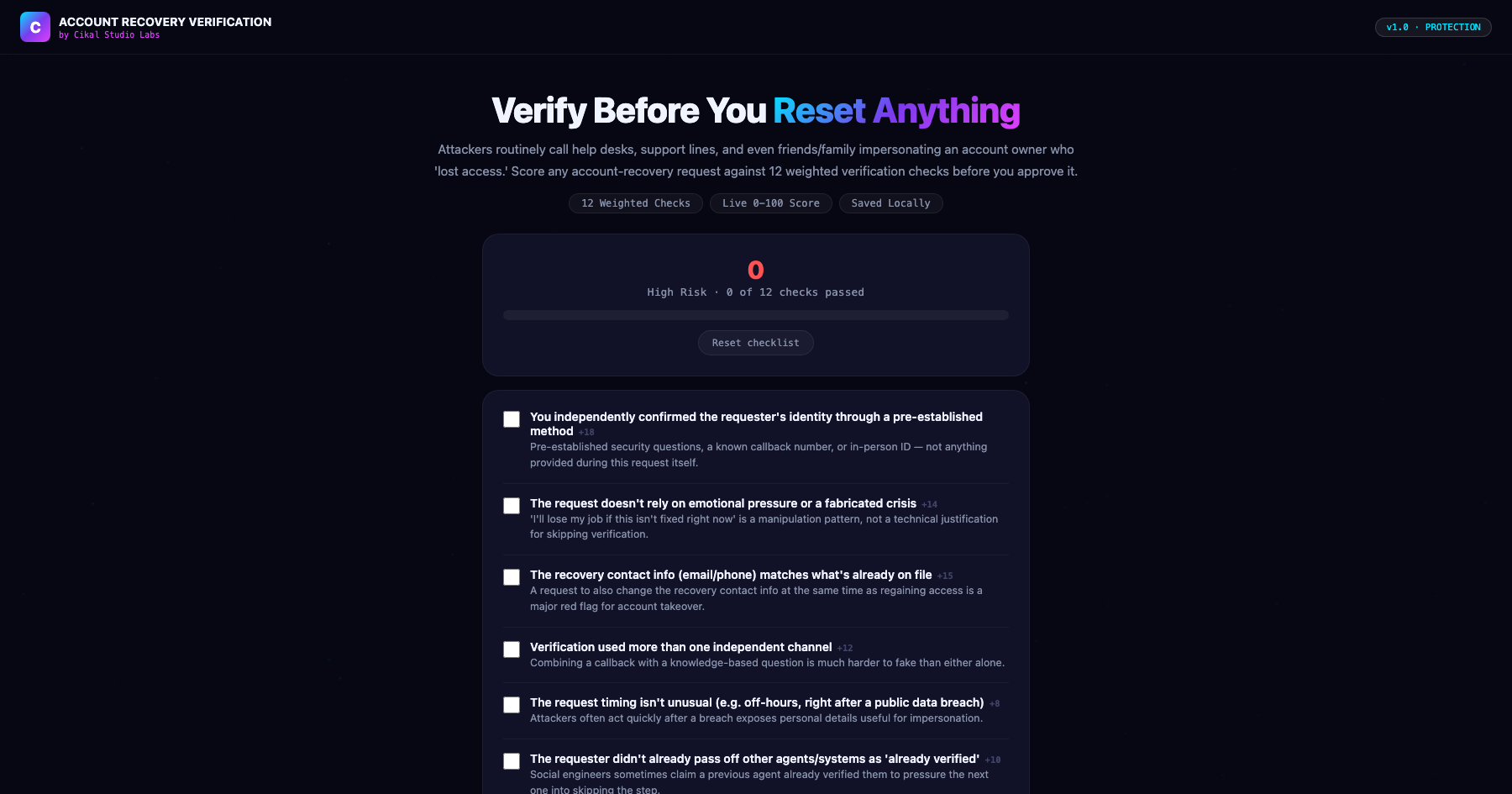 Account Recovery Social Engineering Checklist screenshot