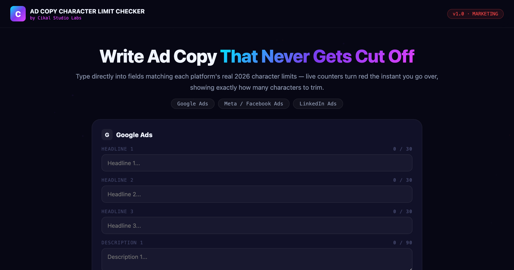 Ad Copy Character Limit Checker screenshot