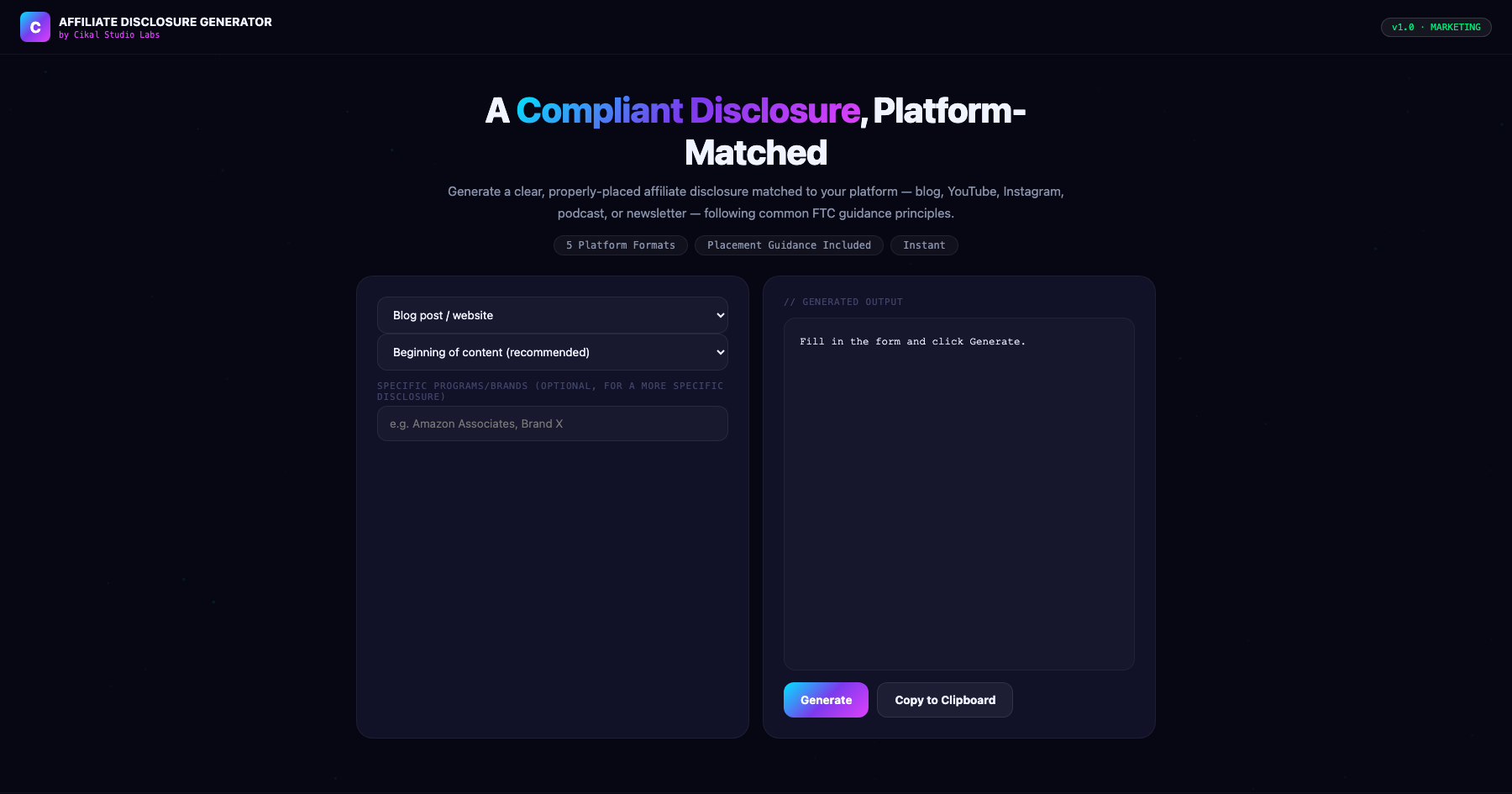 Affiliate Disclosure Generator screenshot