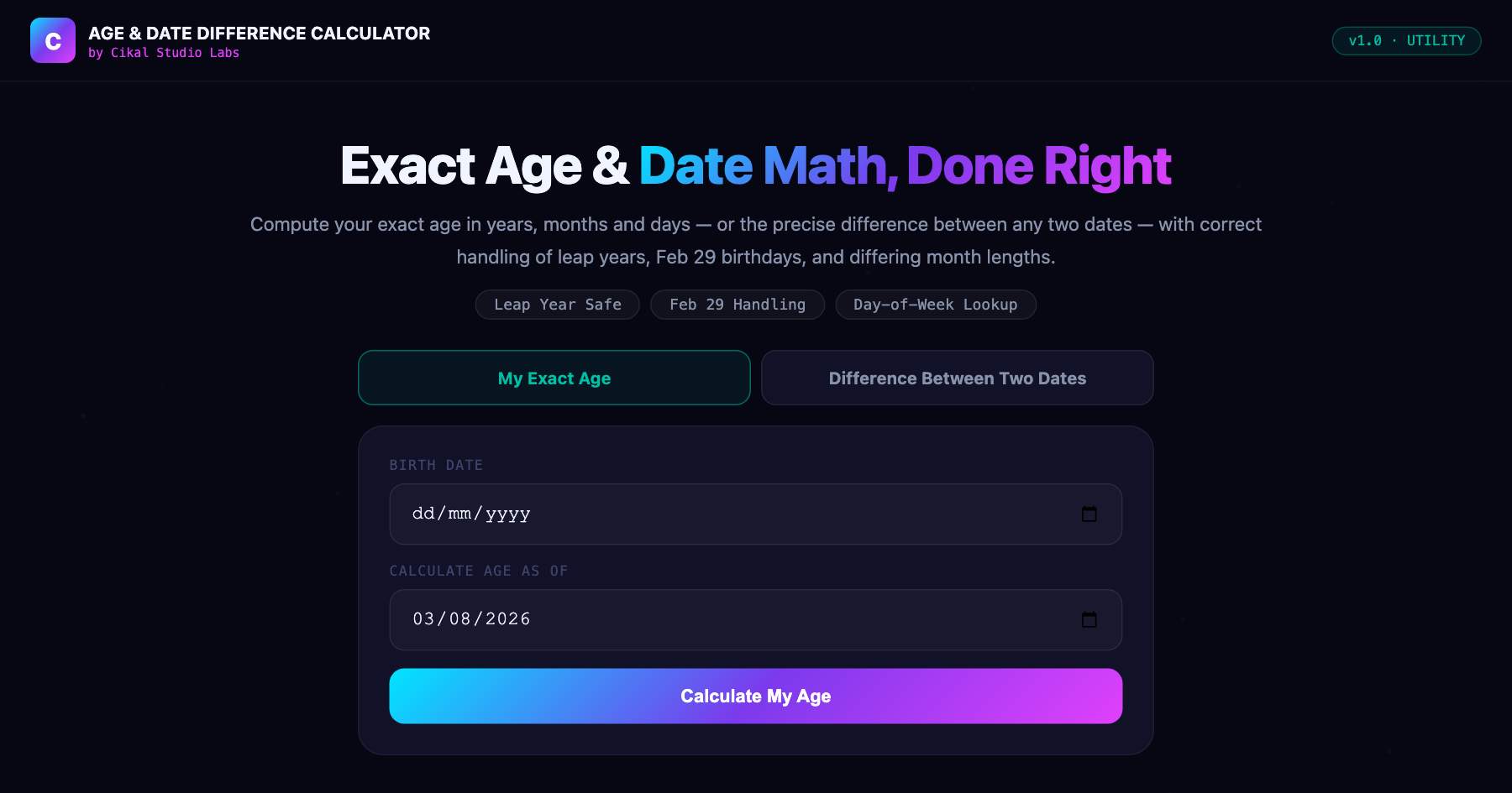 Age & Date Difference Calculator β live screenshot of the tool