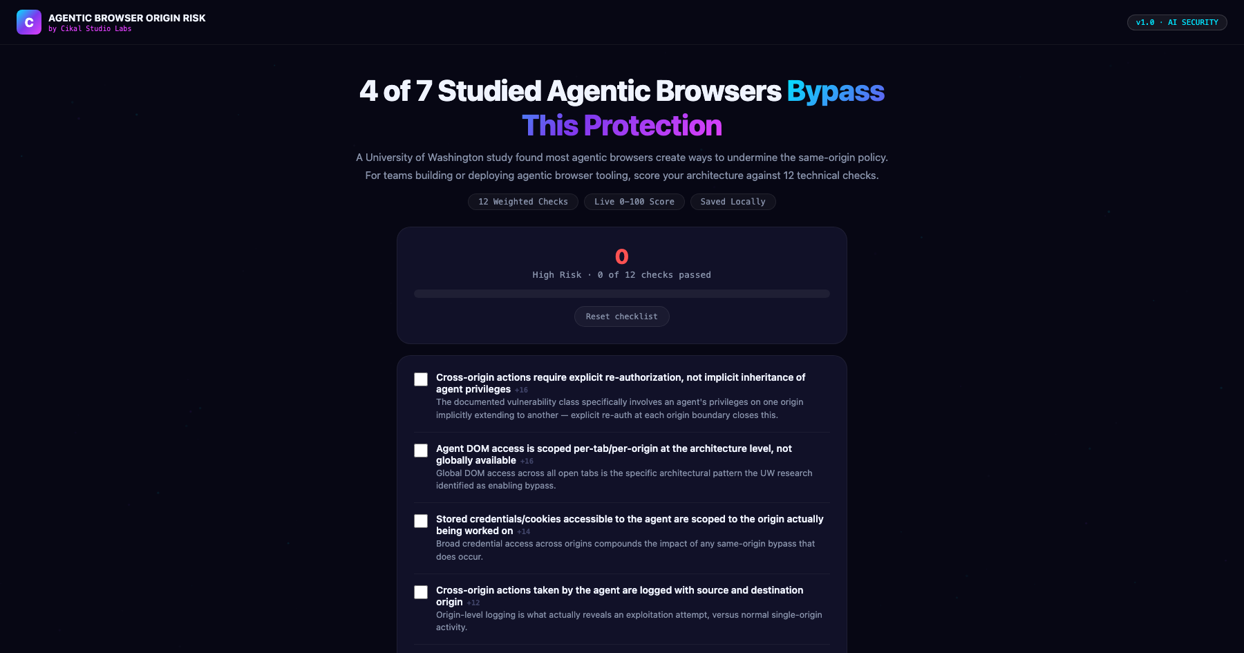 Agentic Browser Same-Origin Risk Checklist screenshot