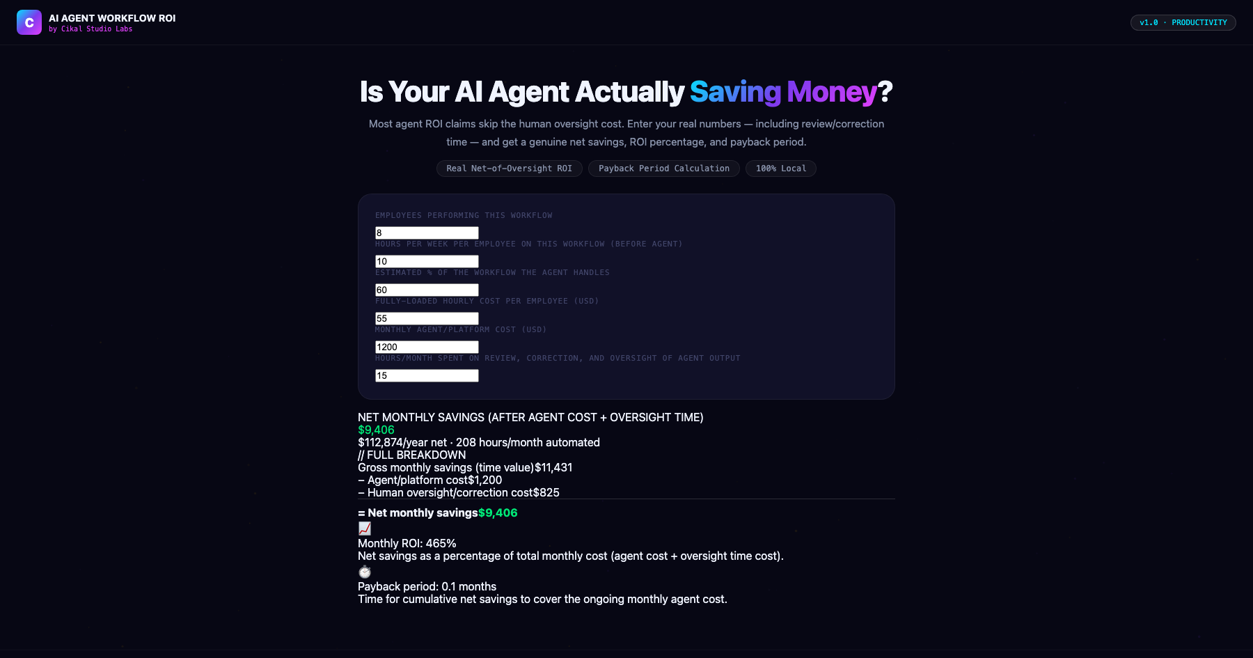 AI Agent Workflow ROI Calculator screenshot