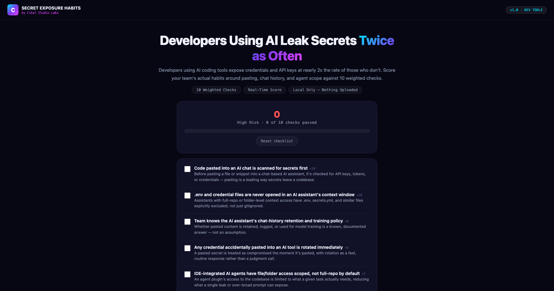 AI Assistant Secret Exposure Habit Checklist screenshot