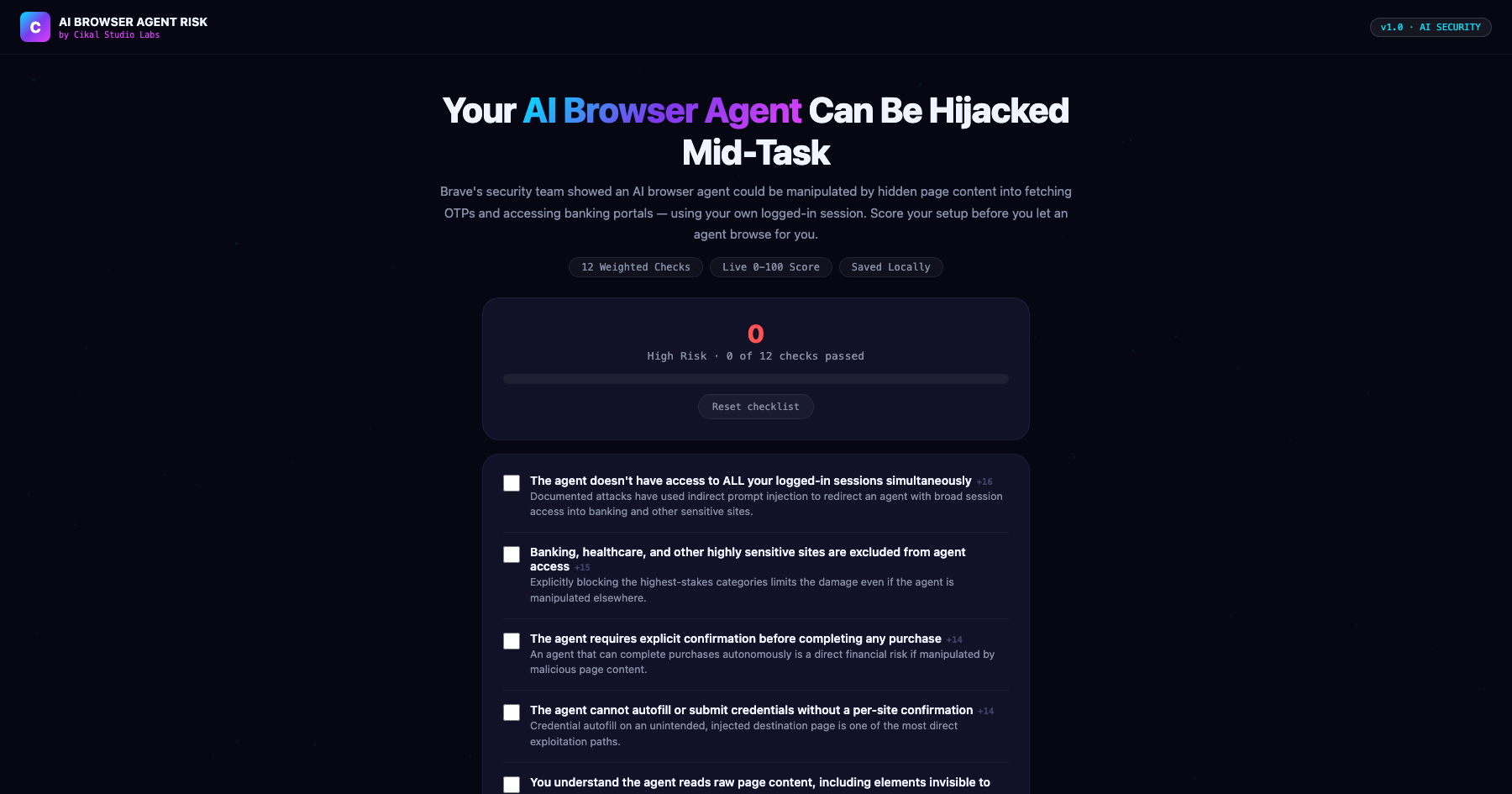 AI Browser Agent Risk Checklist screenshot
