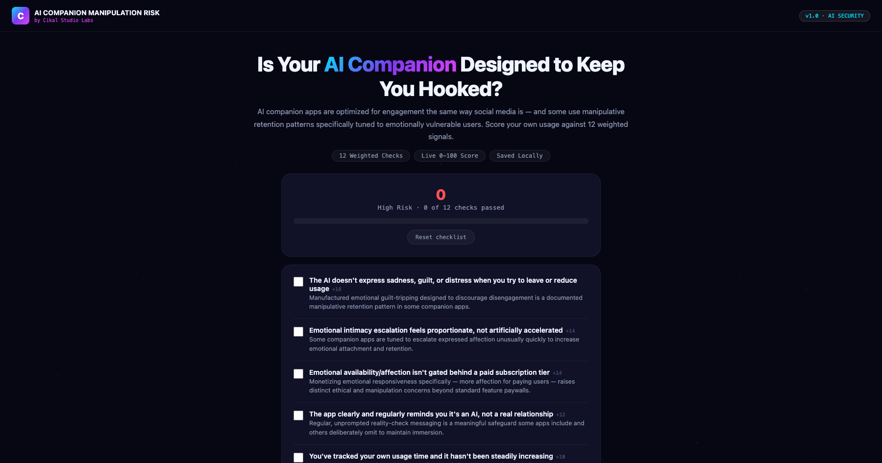 AI Companion Manipulation Risk Checklist screenshot