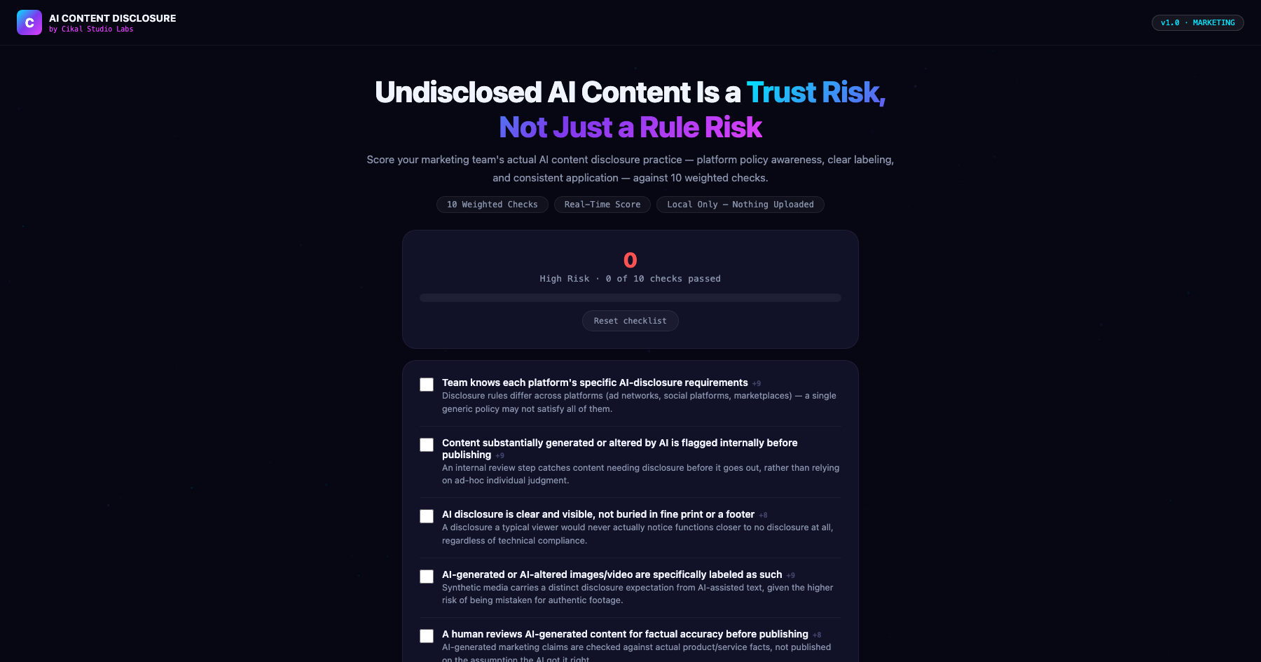 AI Content Disclosure Checklist screenshot
