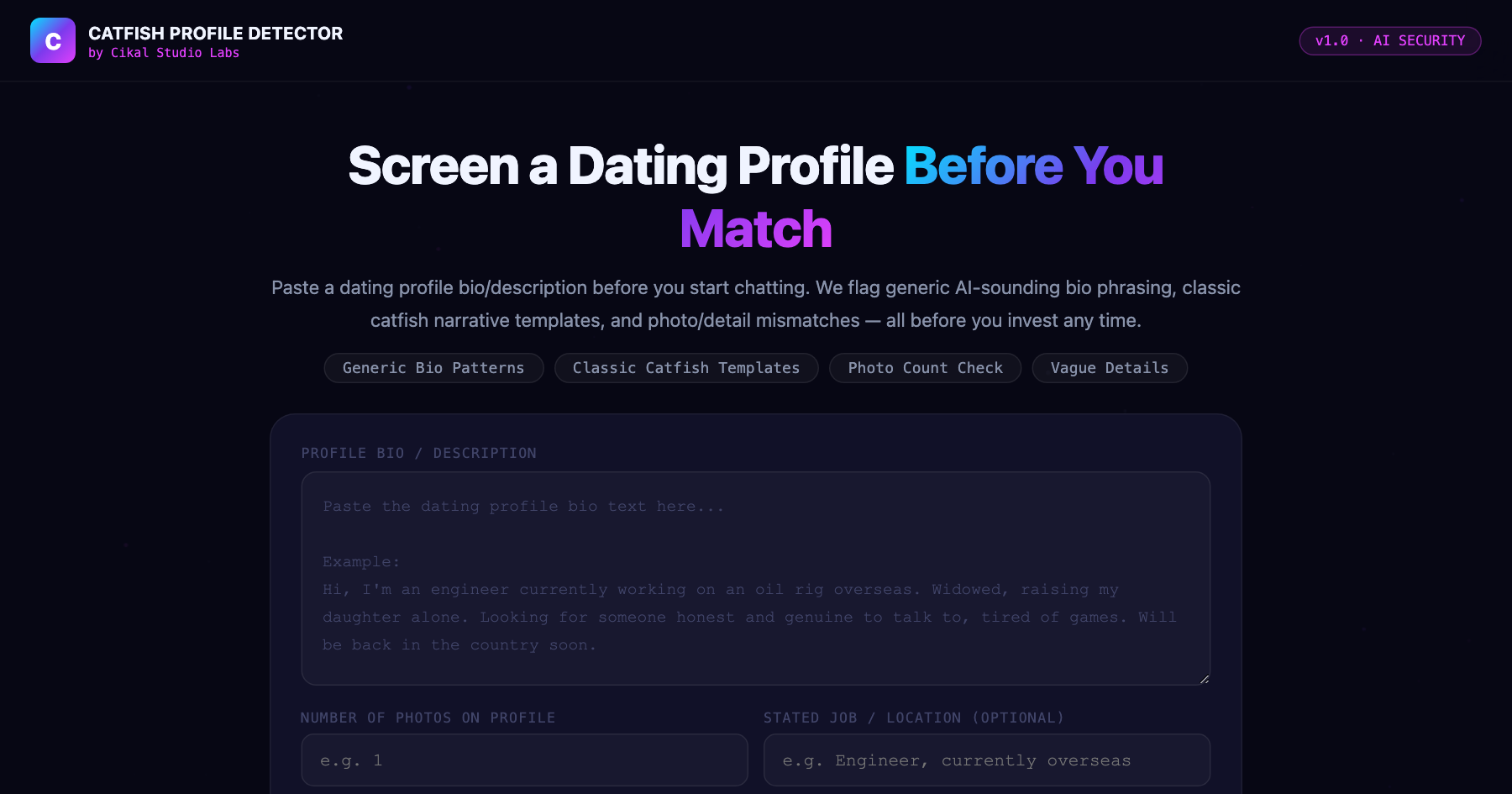 AI Dating Profile Catfish Detector β live screenshot of the tool