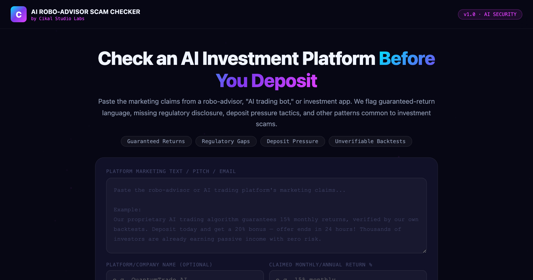 AI Investment Robo-Advisor Scam Checker β live screenshot of the tool