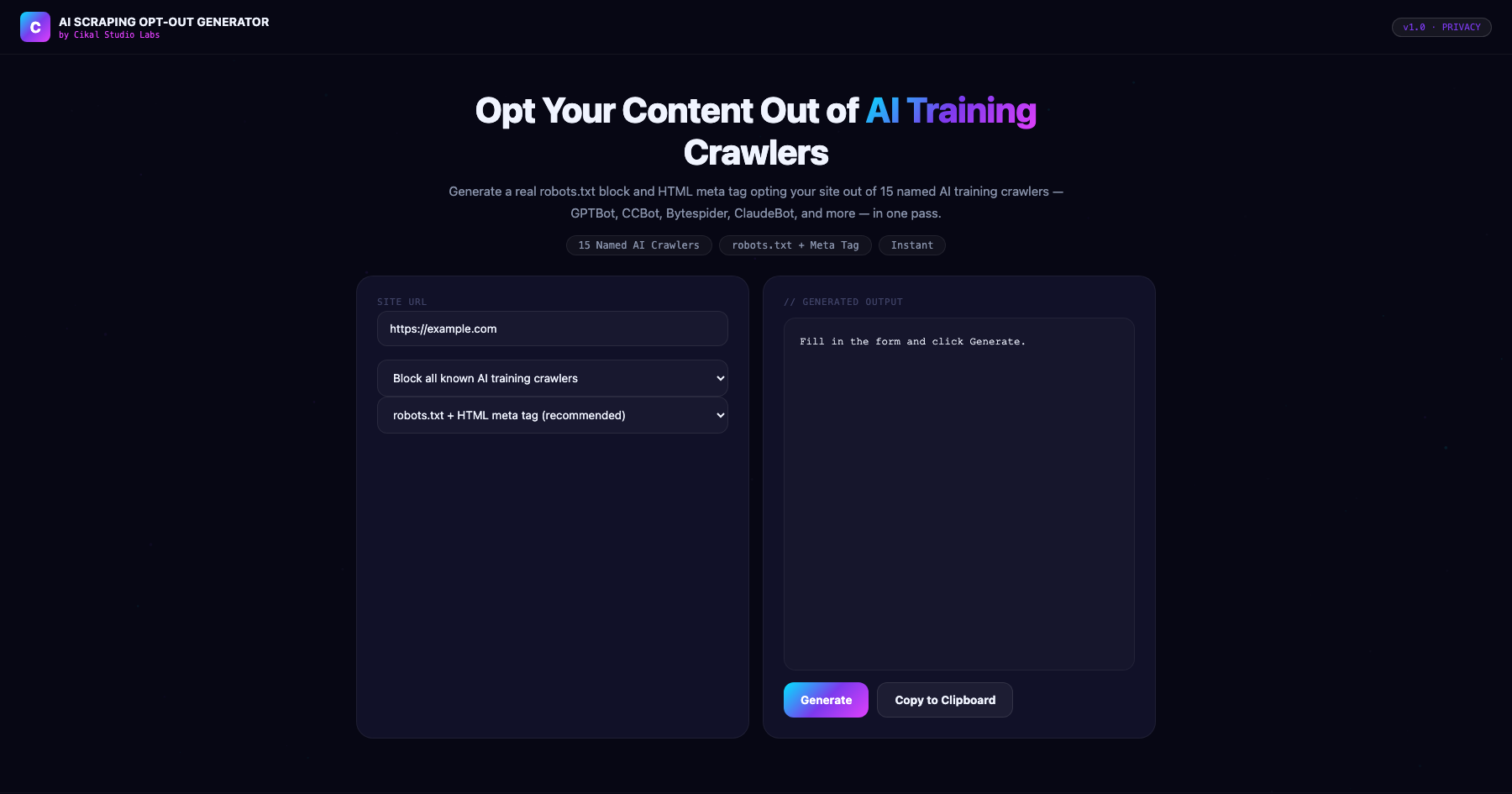 AI Scraping Opt-Out Header Generator screenshot