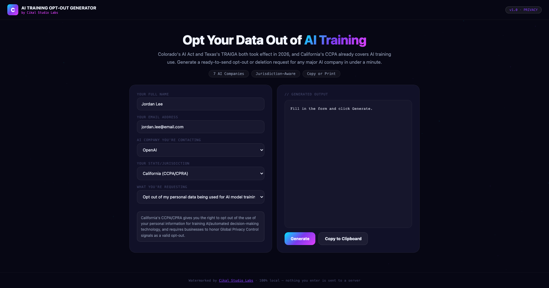 AI Training Data Opt-Out Request Generator screenshot