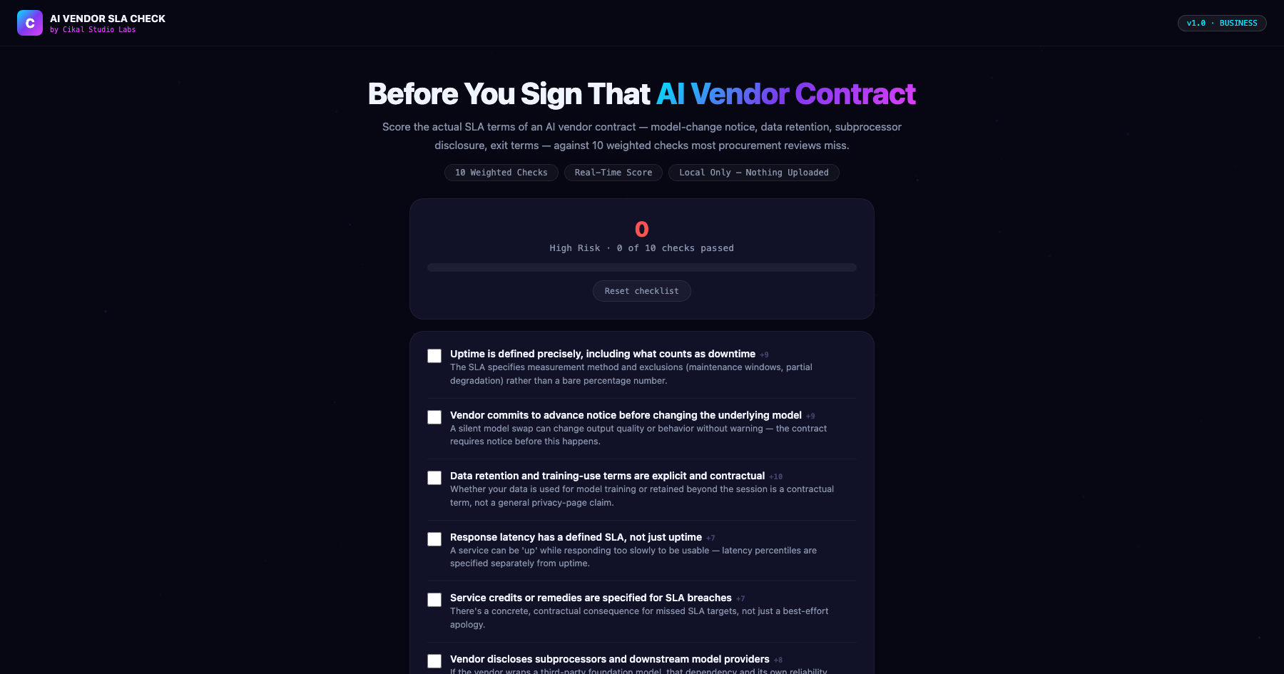 AI Vendor SLA & Reliability Checklist screenshot