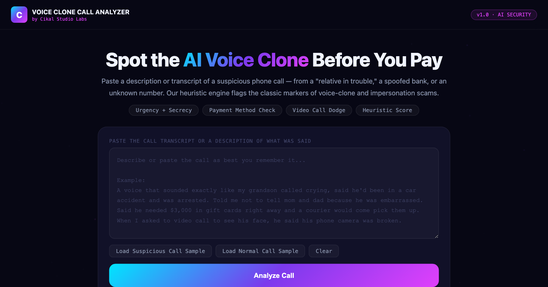 AI Voice Clone Call Analyzer screenshot