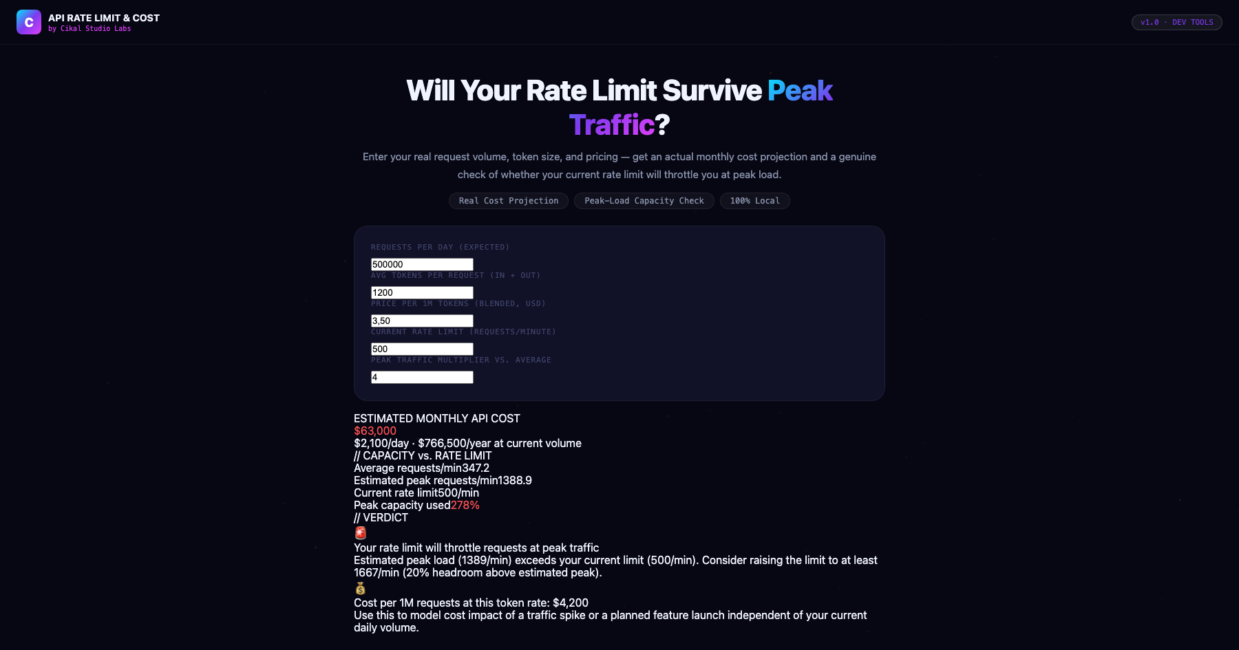 API Rate Limit & Cost Calculator screenshot