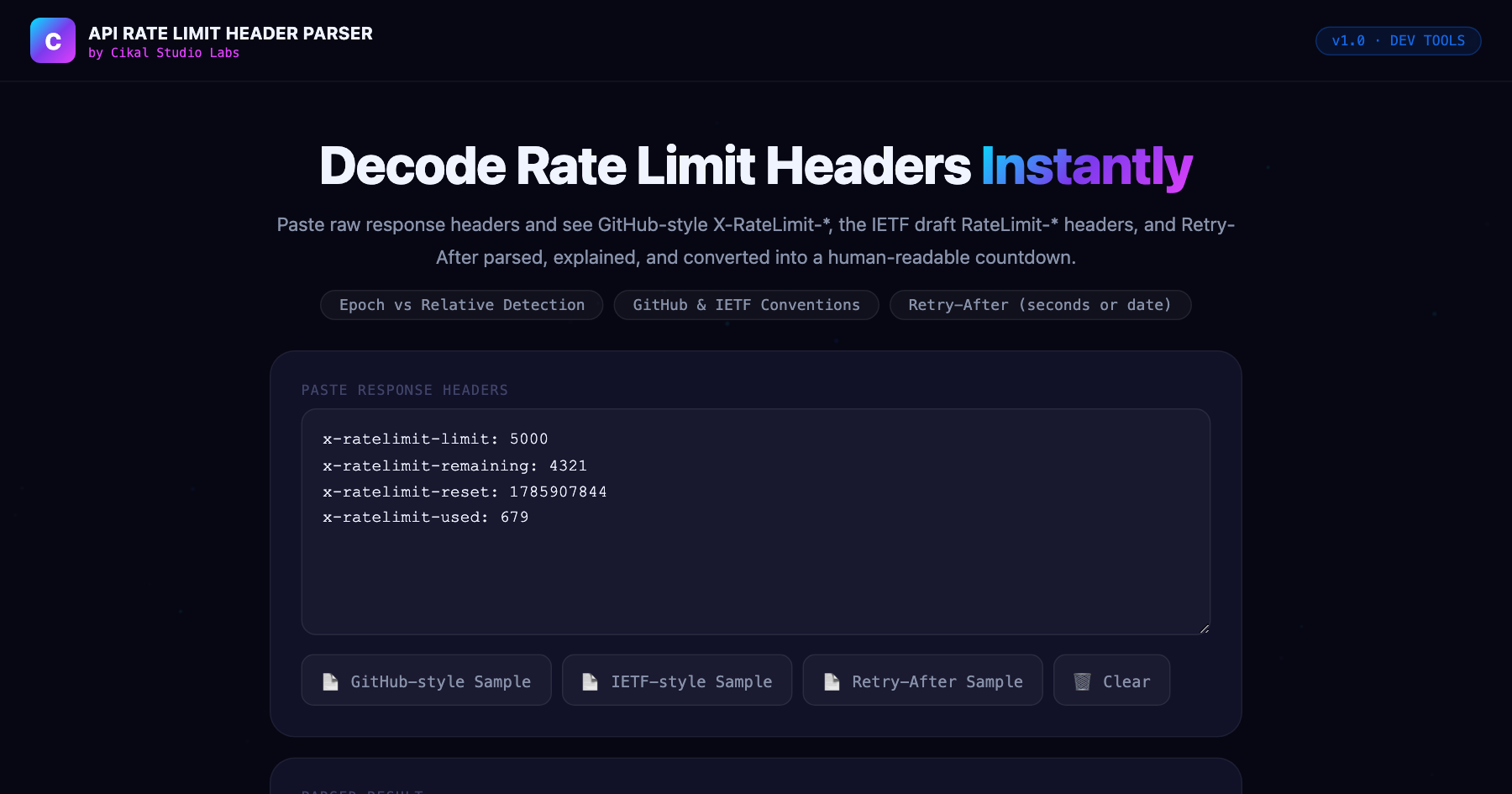 API Rate Limit Header Parser — live screenshot of the tool