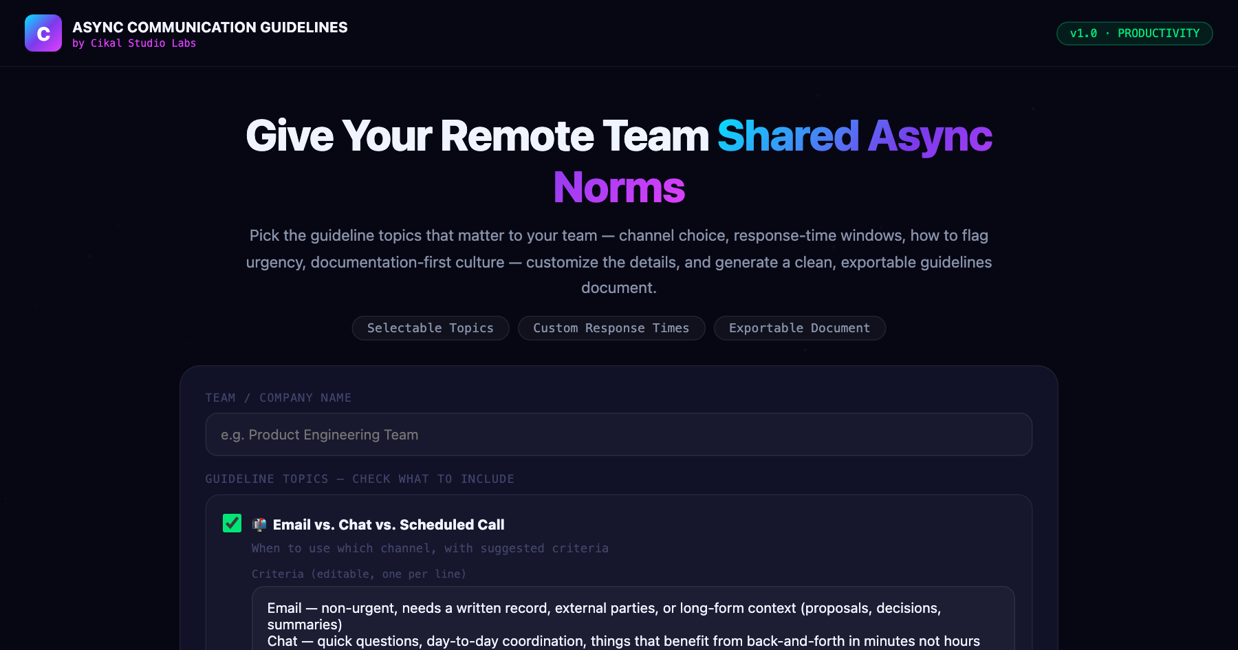 Async Communication Guidelines Generator — live screenshot of the tool