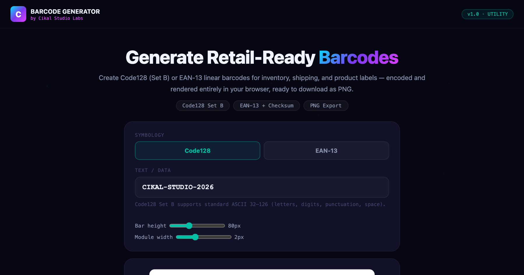 Barcode Generator (Code128 / EAN-13) β live screenshot of the tool