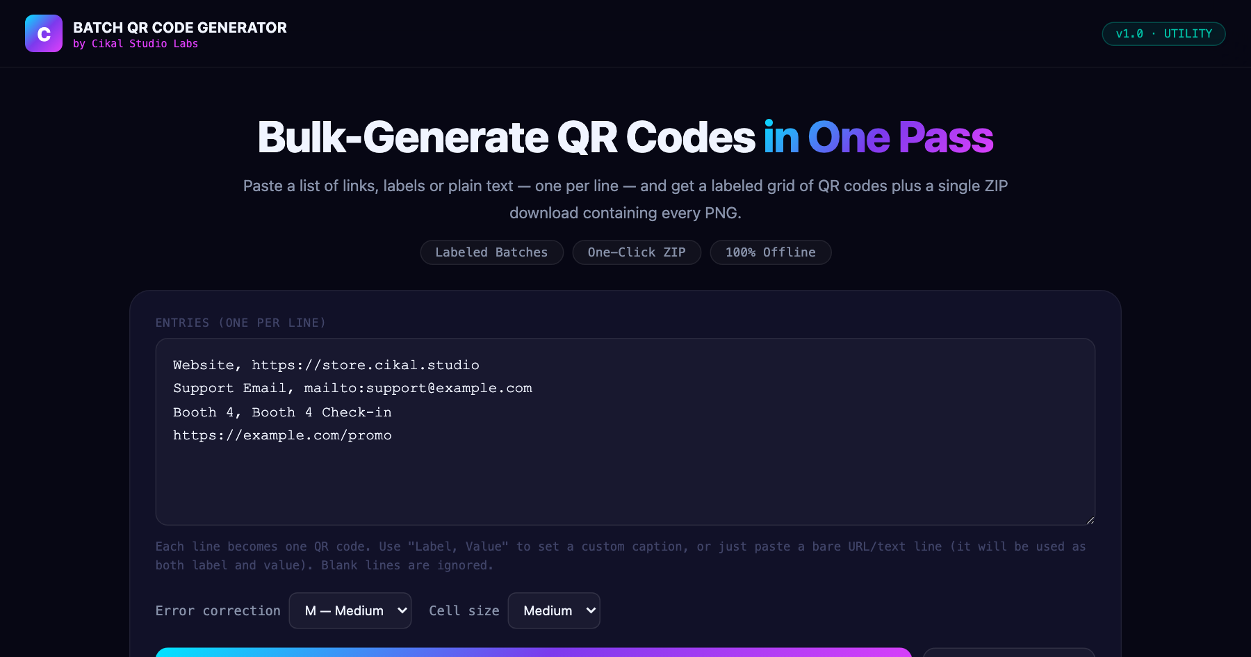 Batch QR Code Generator β live screenshot of the tool