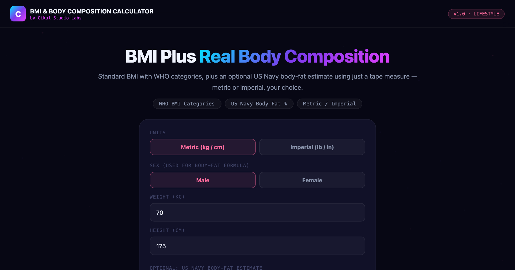 BMI & Body Composition Calculator screenshot