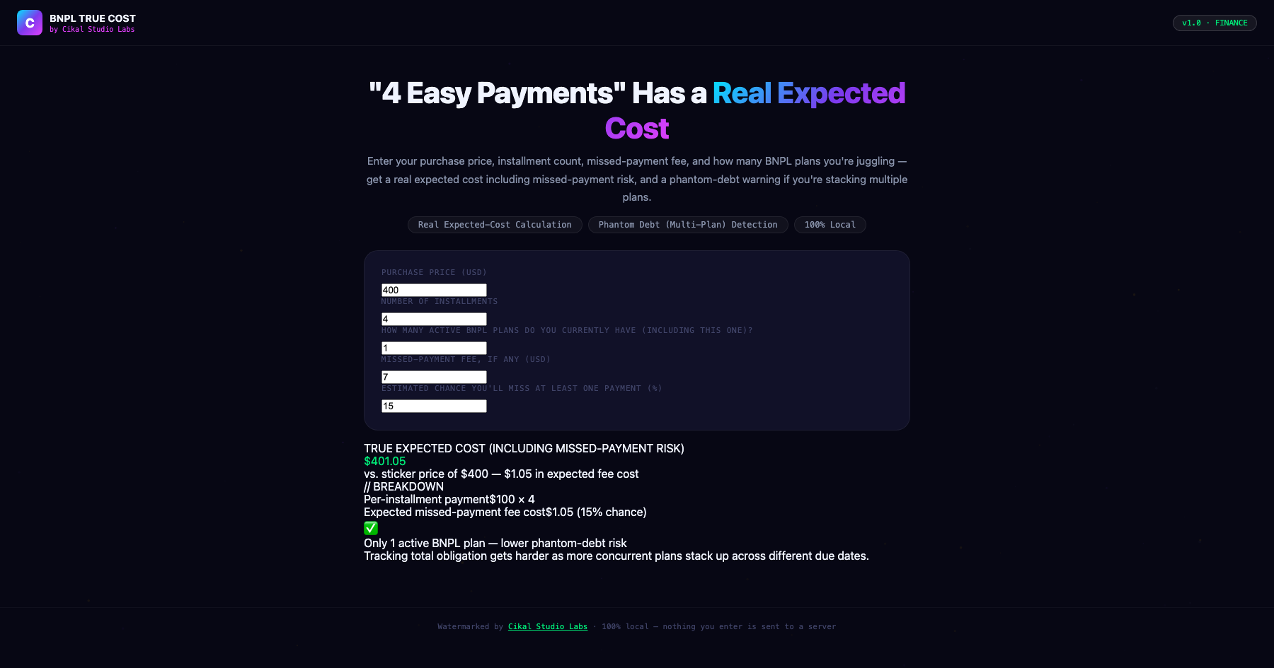 BNPL True Cost Calculator screenshot
