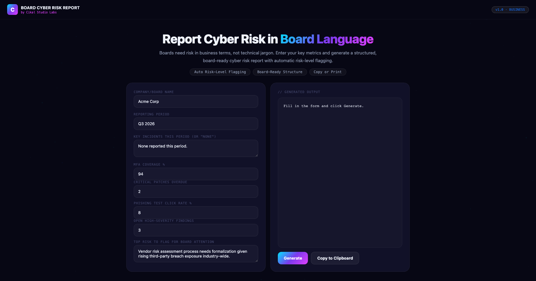 Board-Level Cyber Risk Report Generator screenshot
