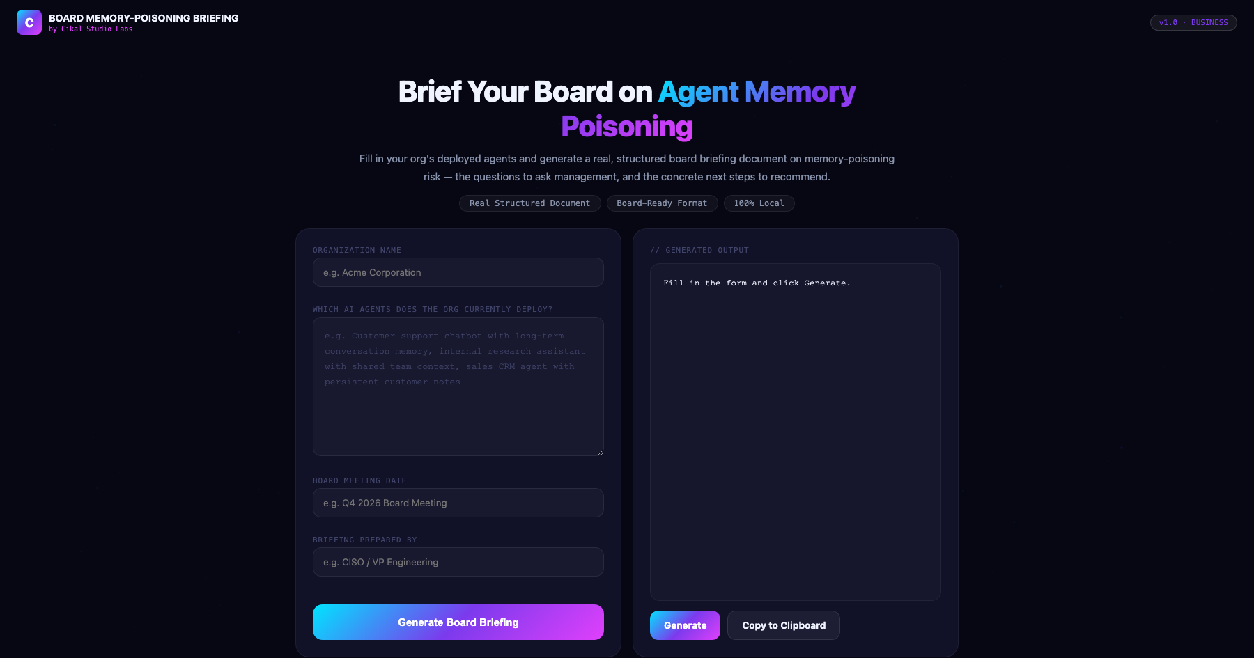 Board Memory-Poisoning Briefing Generator screenshot