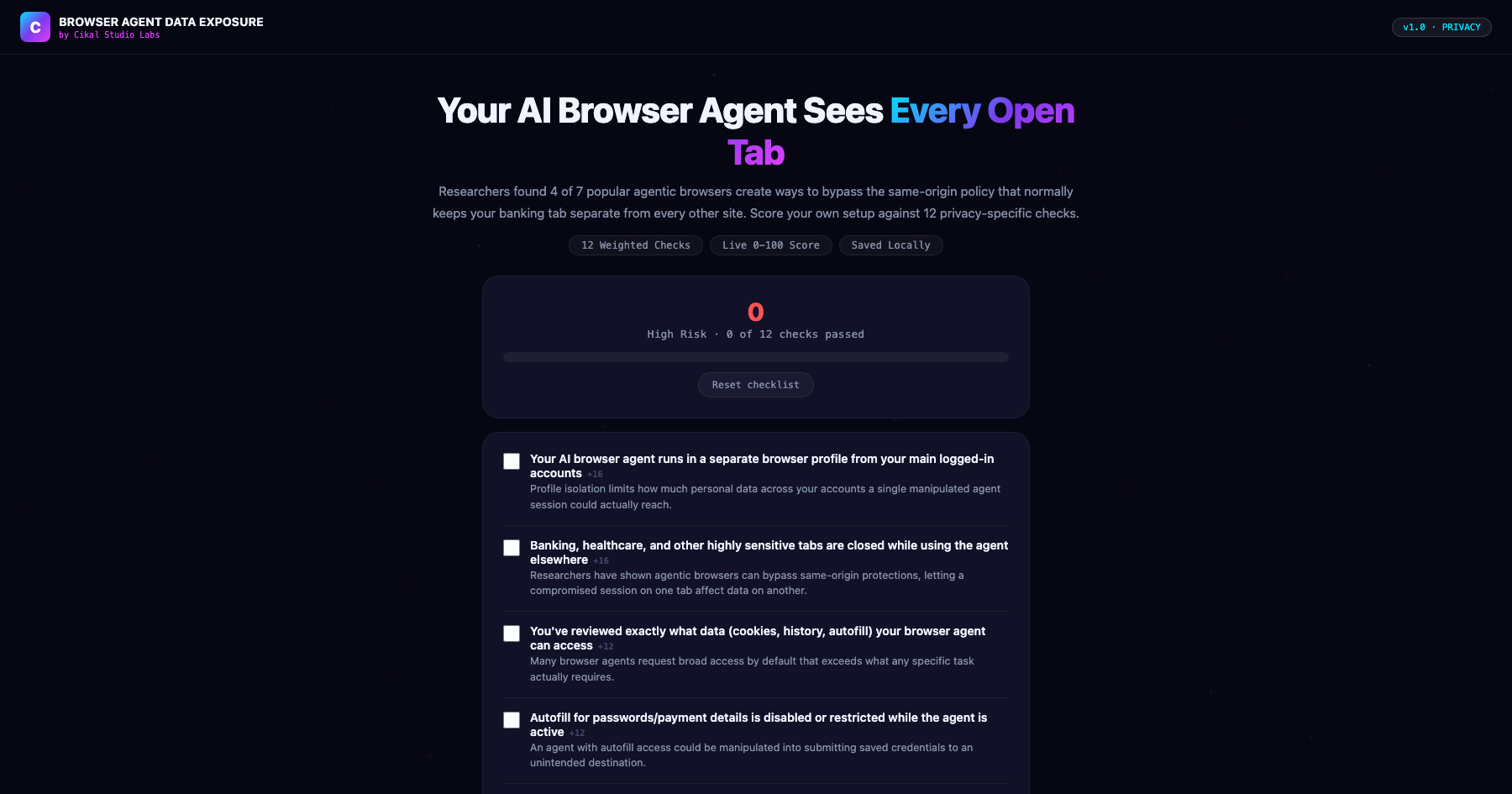 Browser Agent Data Exposure Checklist screenshot