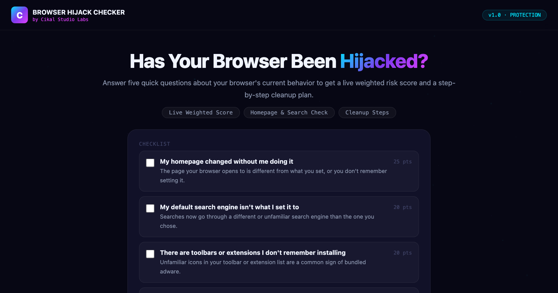 Browser Hijack Checker β live screenshot of the tool