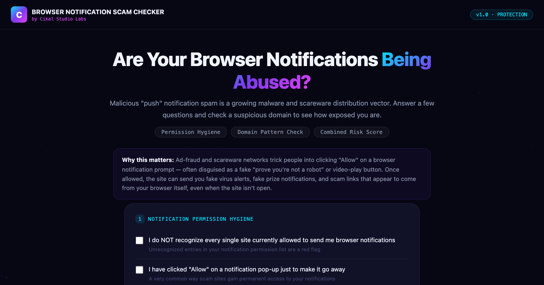 Browser Notification Scam Checker β live screenshot of the tool