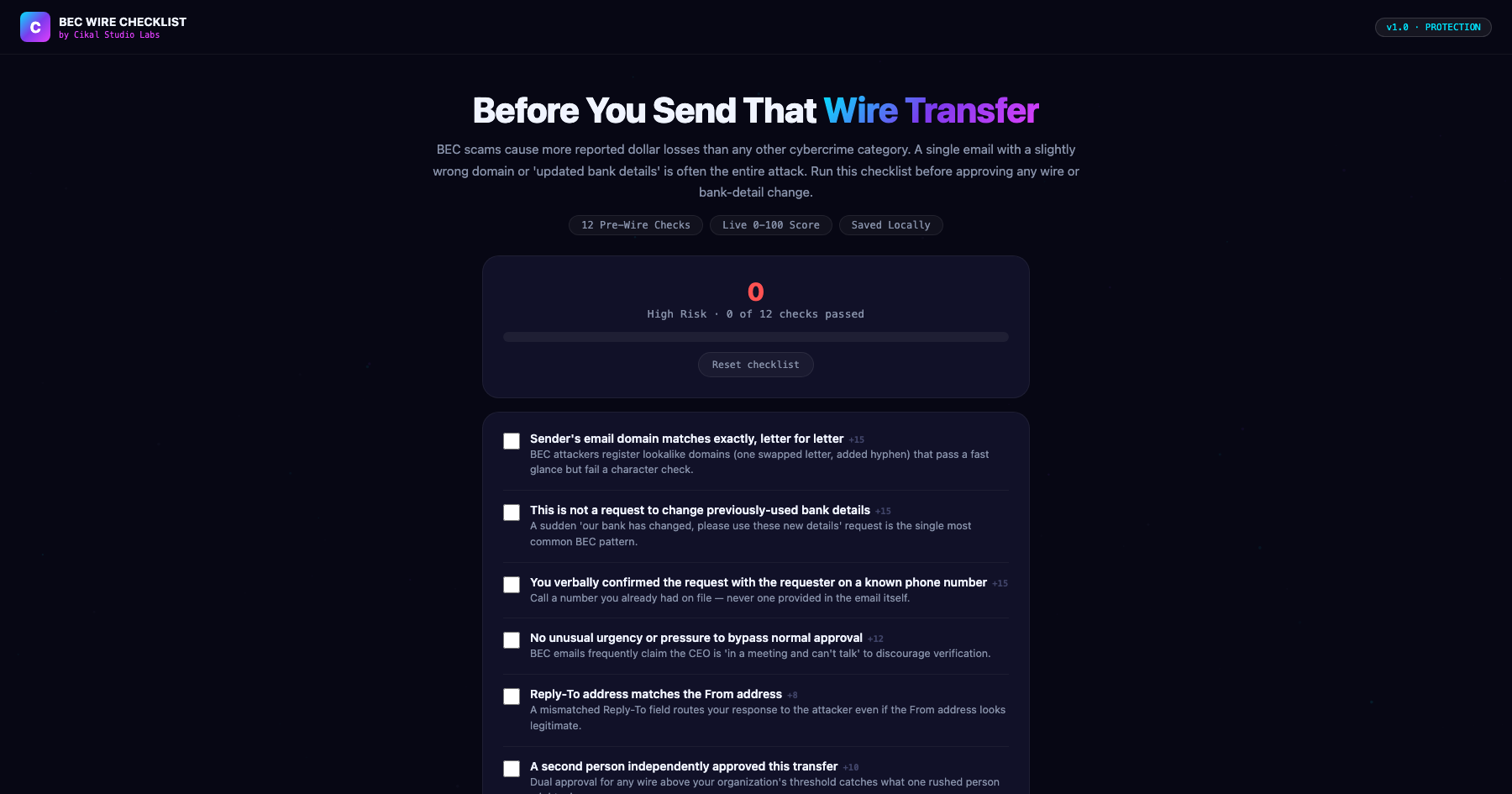Business Email Compromise Wire Checklist screenshot
