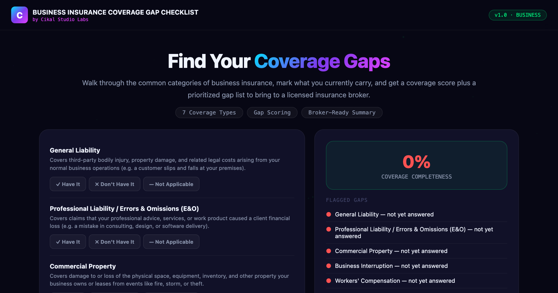 Business Insurance Coverage Gap Checklist screenshot