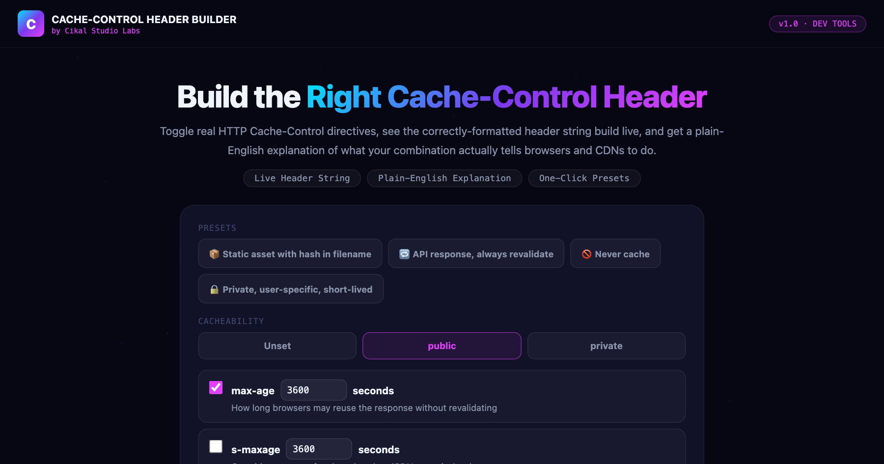 Cache-Control Header Builder β live screenshot of the tool