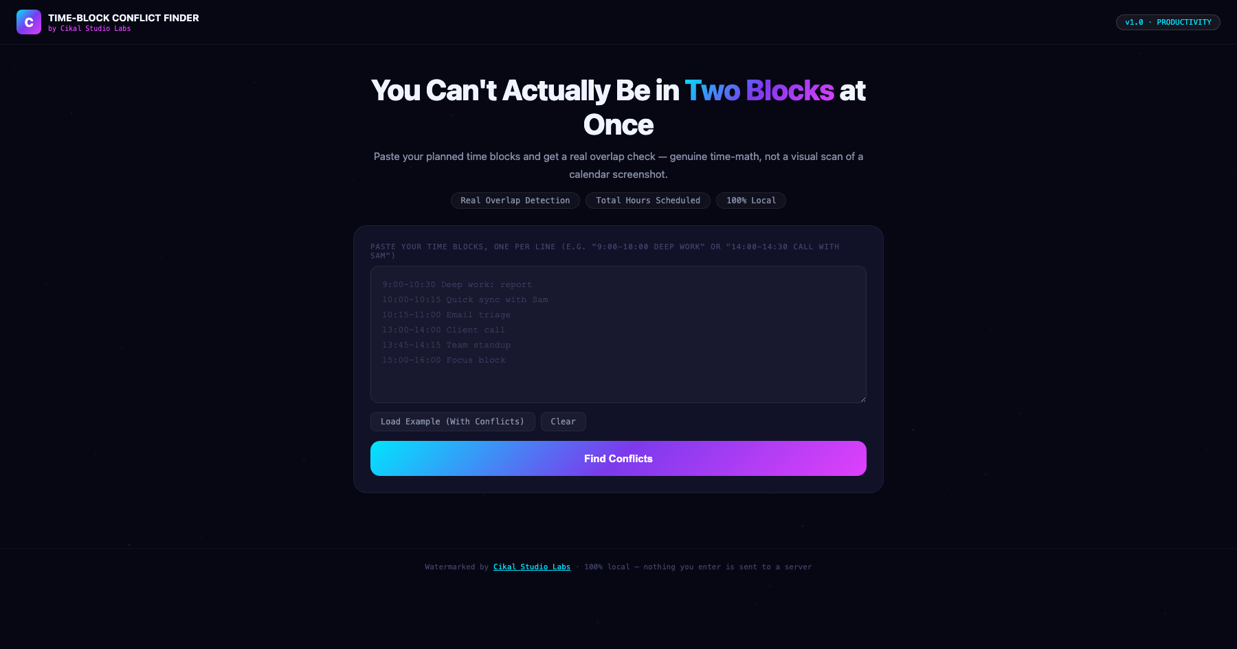 Calendar Time-Blocking Conflict Finder screenshot
