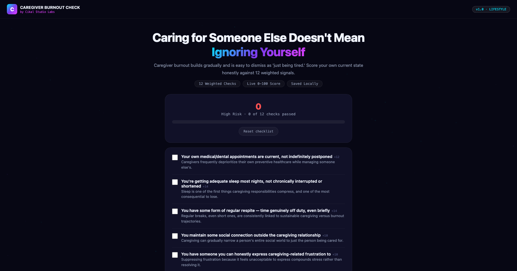 Caregiver Burnout Checklist screenshot