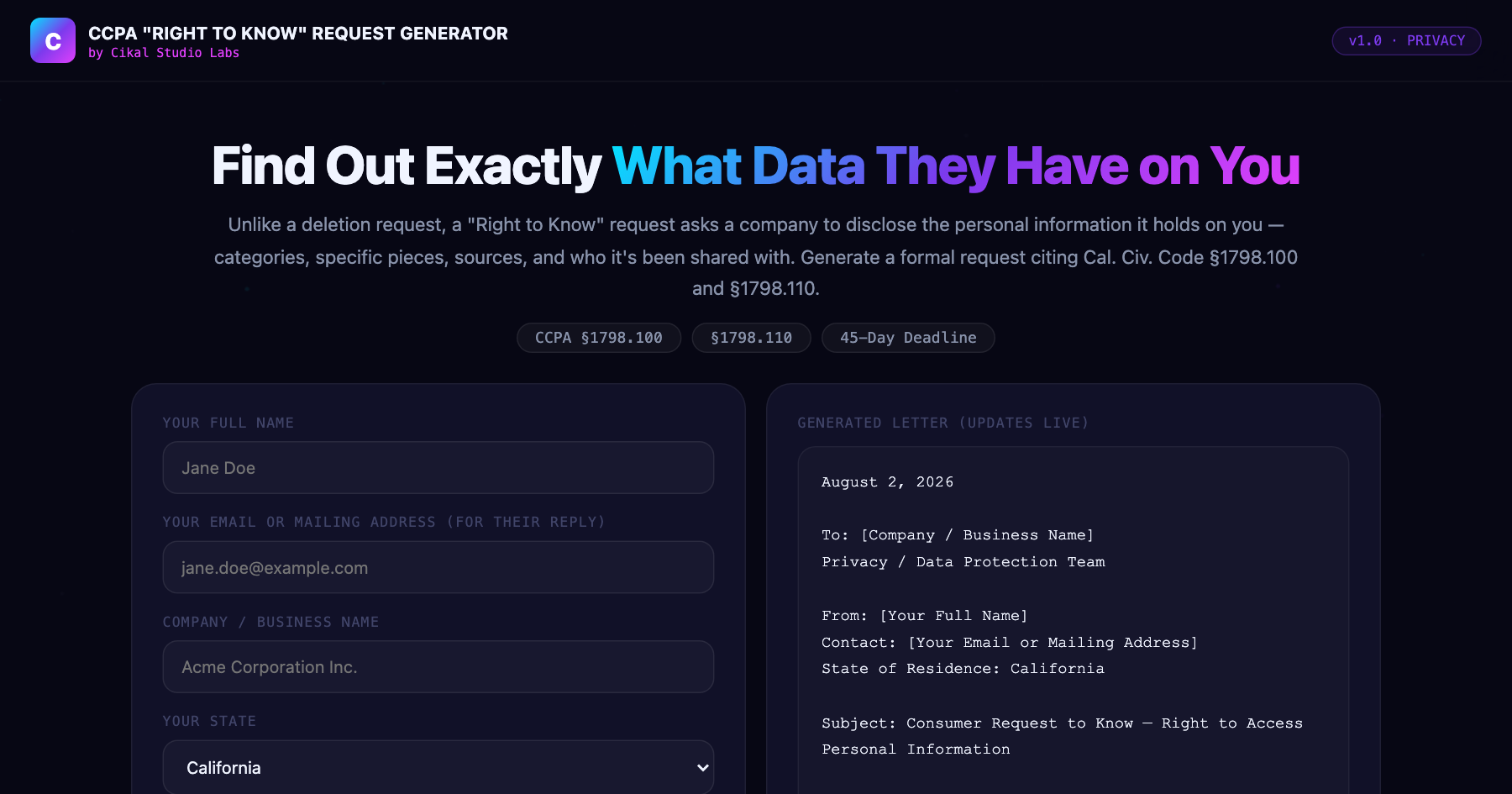 CCPA "Right to Know" Data Access Request Generator — live screenshot of the tool