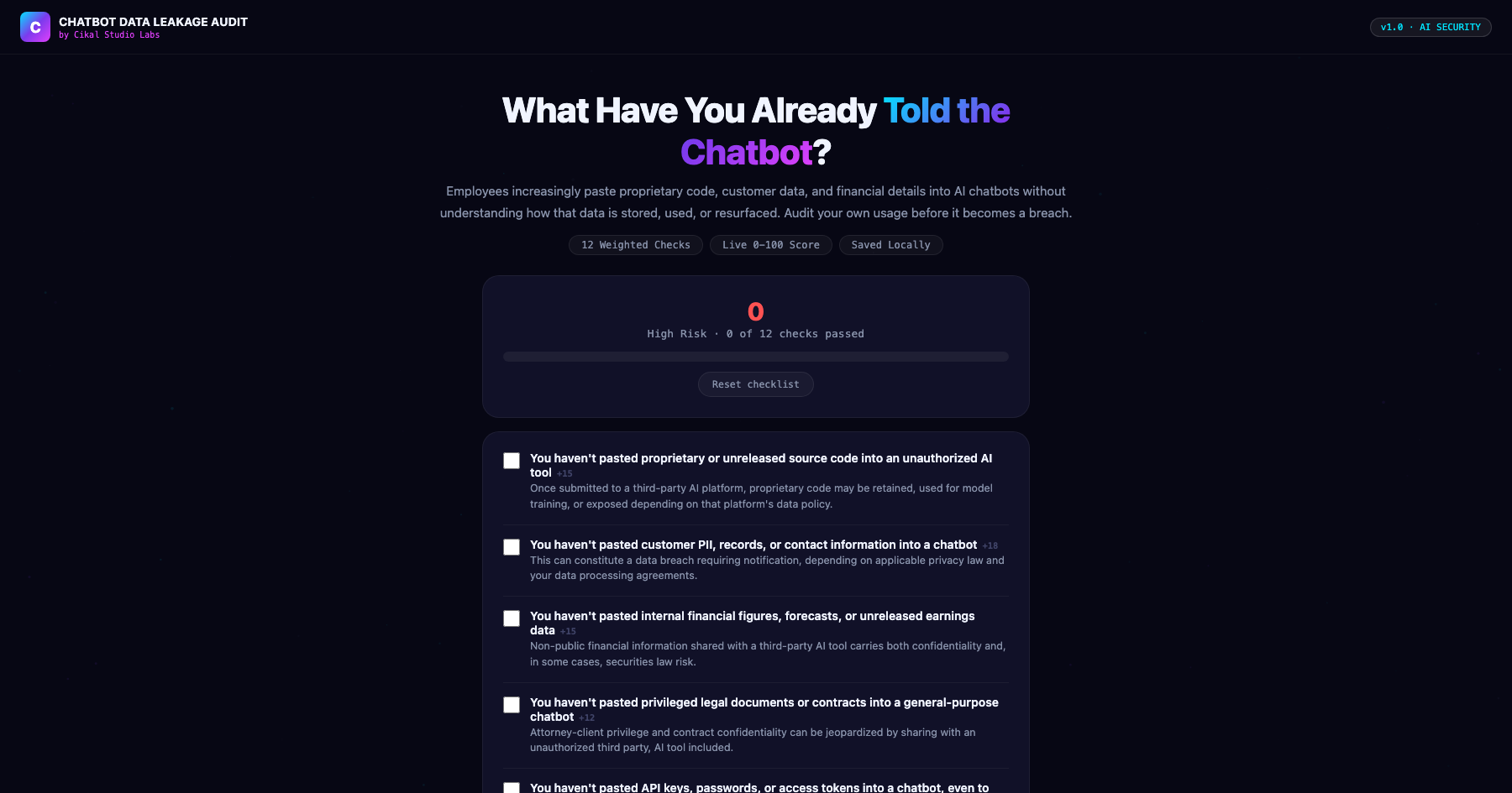 Chatbot Data Leakage Checklist screenshot
