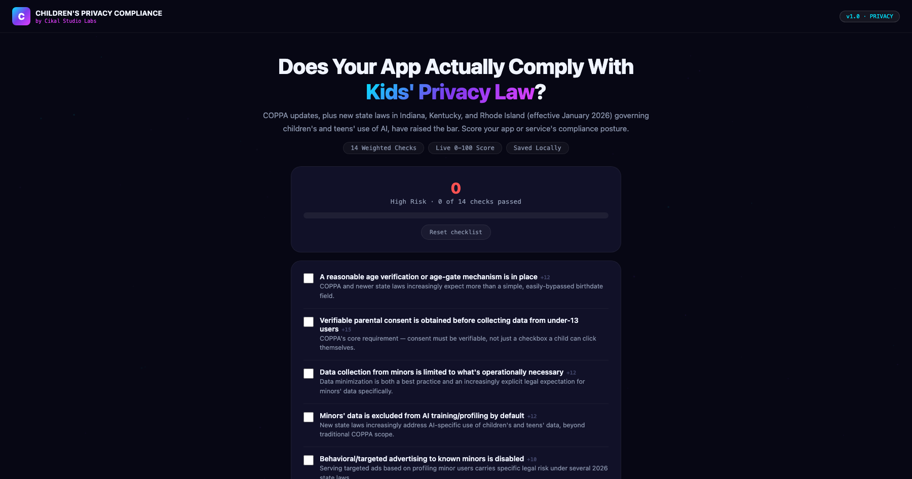 Children's Privacy Law Compliance Checklist screenshot
