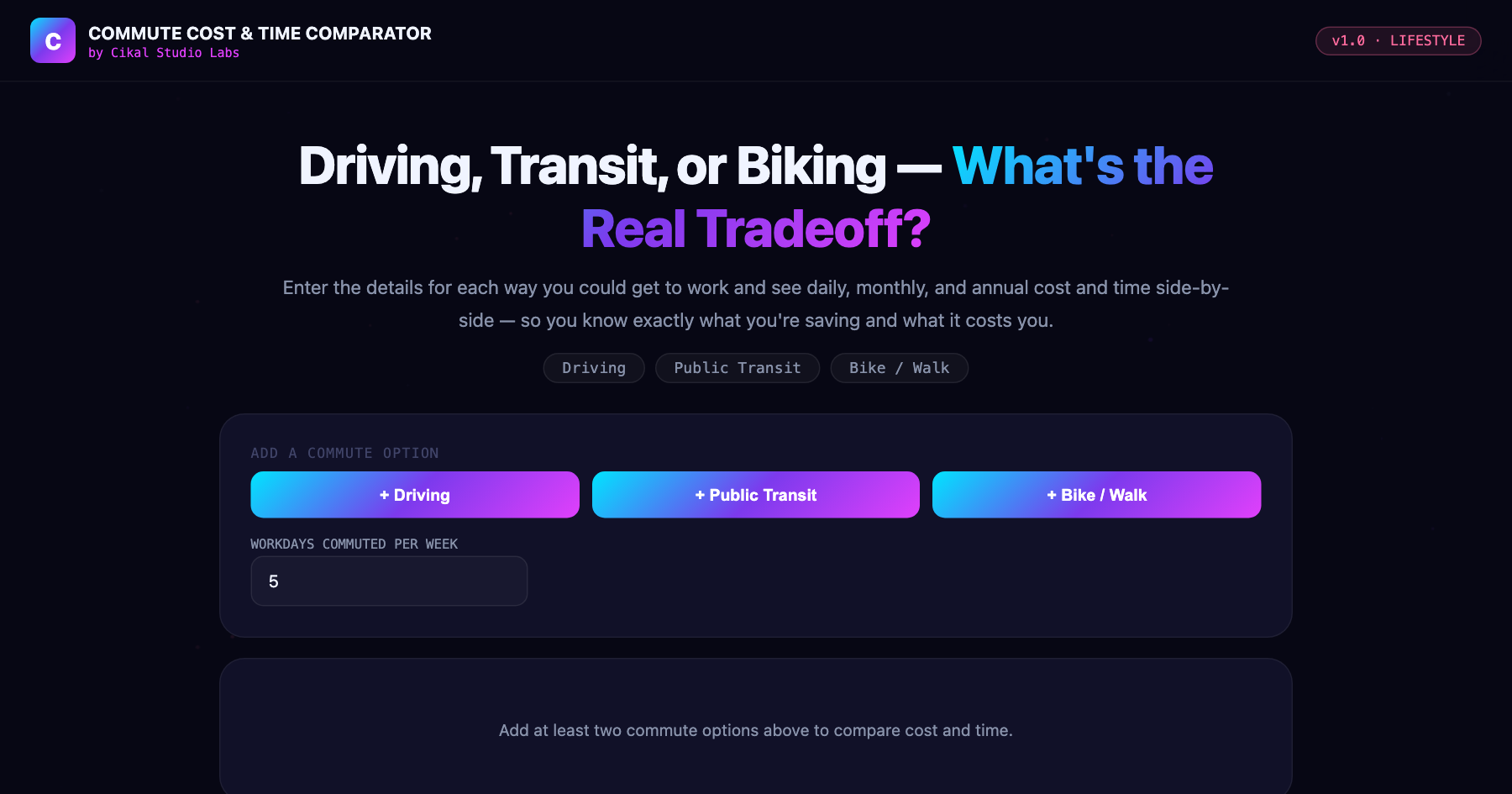Commute Cost & Time Comparator β live screenshot of the tool
