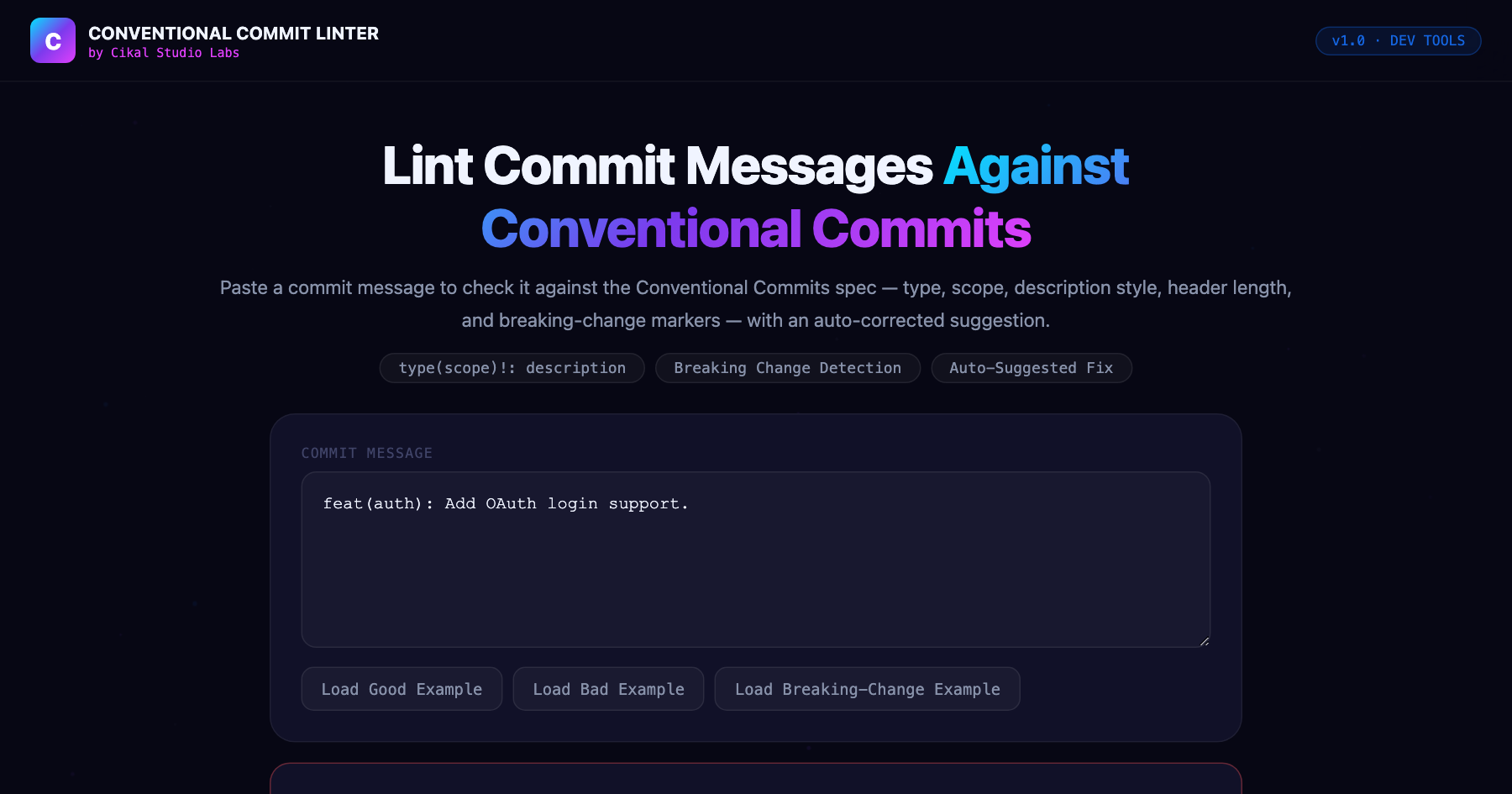 Conventional Commit Linter screenshot