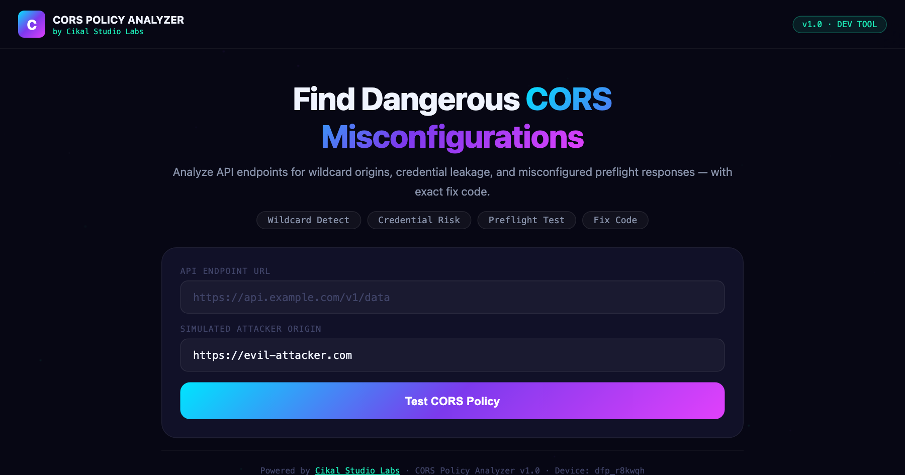 CORS Policy Analyzer screenshot
