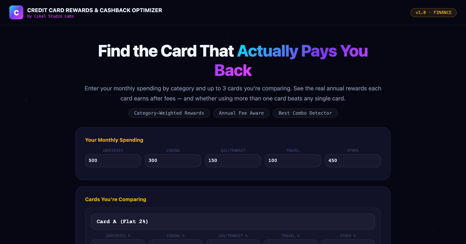 Credit Card Rewards & Cashback Optimizer β live screenshot of the tool