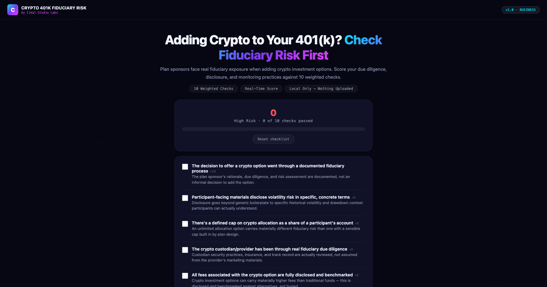 Crypto 401(k) Fiduciary Risk Checklist screenshot
