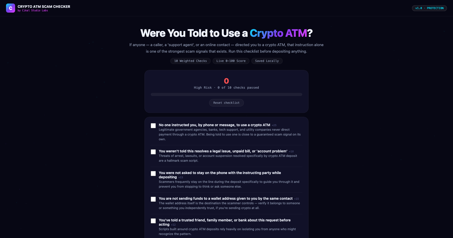 Crypto ATM Scam Risk Checklist screenshot