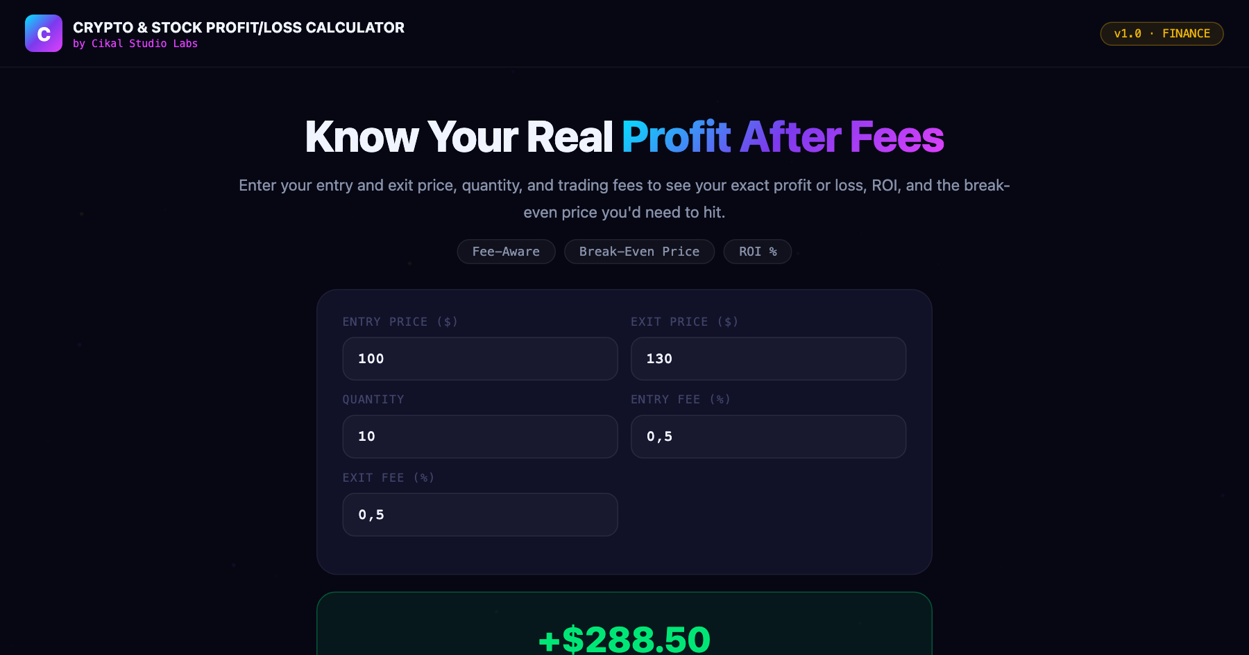Crypto & Stock Profit/Loss Calculator screenshot