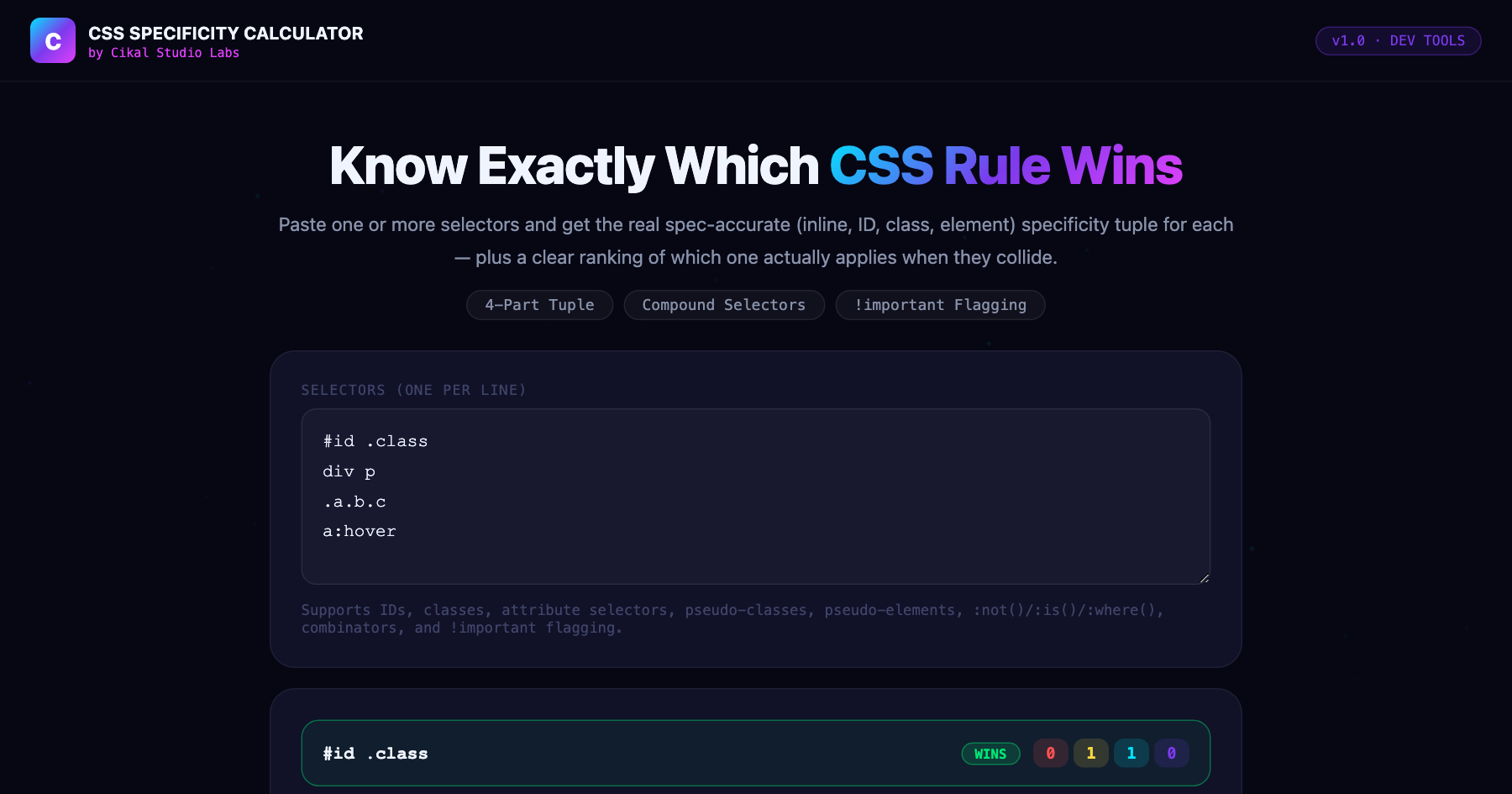 CSS Specificity Calculator β live screenshot of the tool