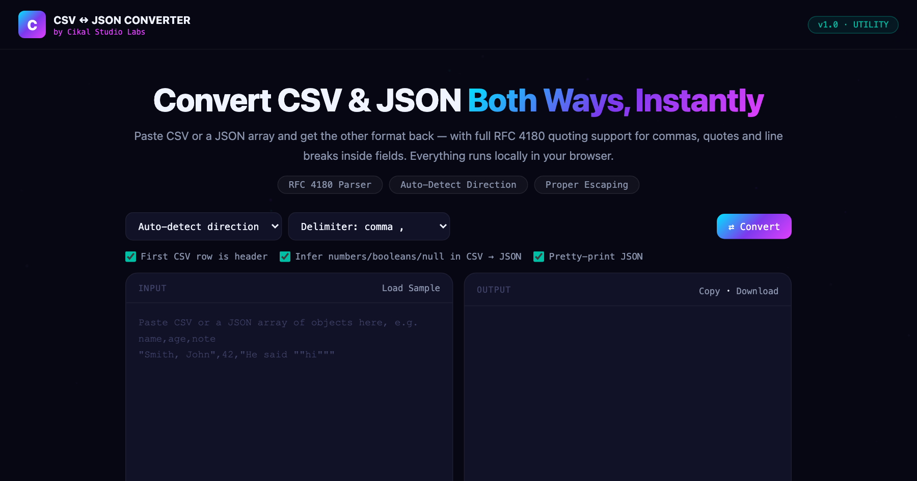 CSV ↔ JSON Converter — live screenshot of the tool