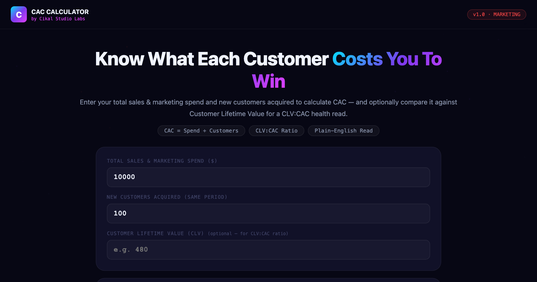 Customer Acquisition Cost (CAC) Calculator screenshot