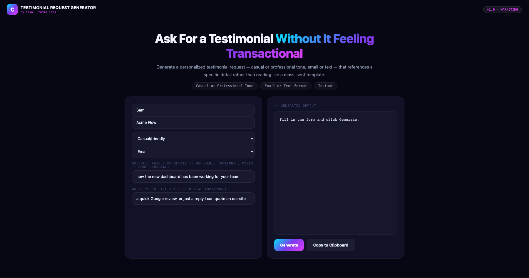 Customer Testimonial Request Generator screenshot