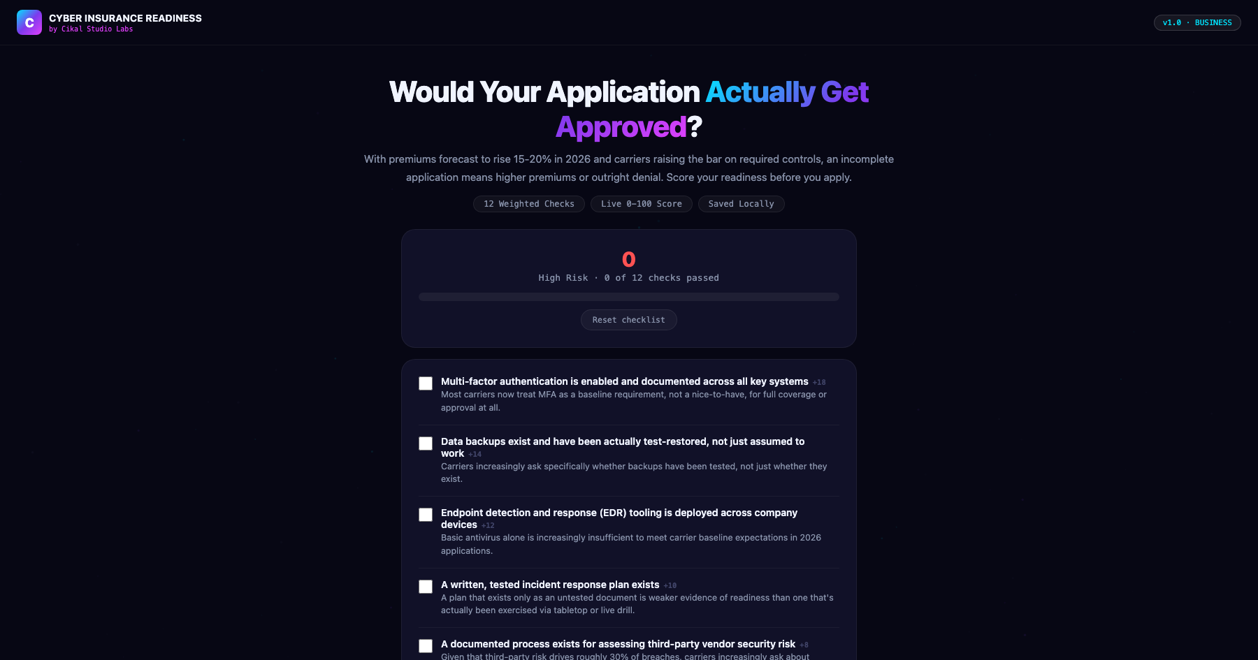 Cyber Insurance Application Readiness Checklist screenshot