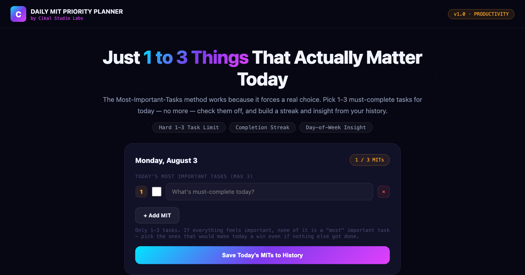 Daily MIT Priority Planner β live screenshot of the tool