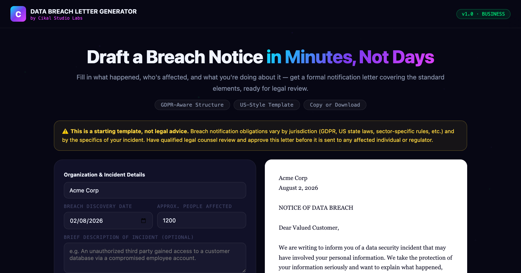 Data Breach Notification Letter Generator screenshot